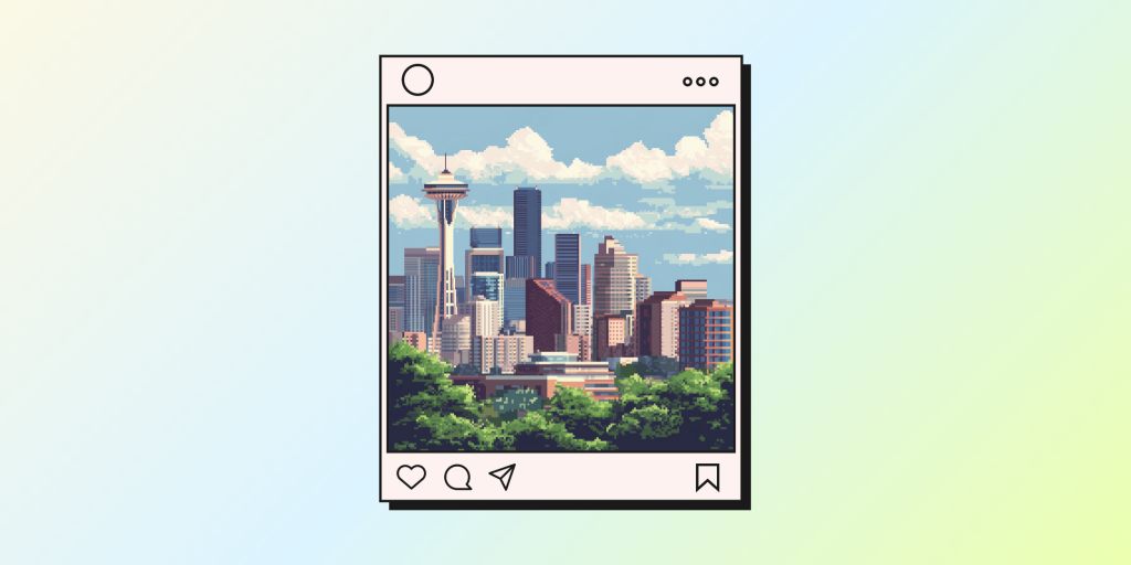 Illustration of the Seattle skyline in a social media post, featuring the Space Needle and skyscrapers against a backdrop of fluffy clouds and greenery rendered in 8-bit style.
